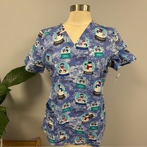 NWT Cherokee Scrub Top M Winter Snow Globe Animals Blue Scrubs Dog Cat Bunny